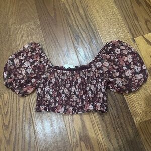 Altar'd State Burgundy Floral Boho Fall Puff Sleeve Crop Top Women Size XS